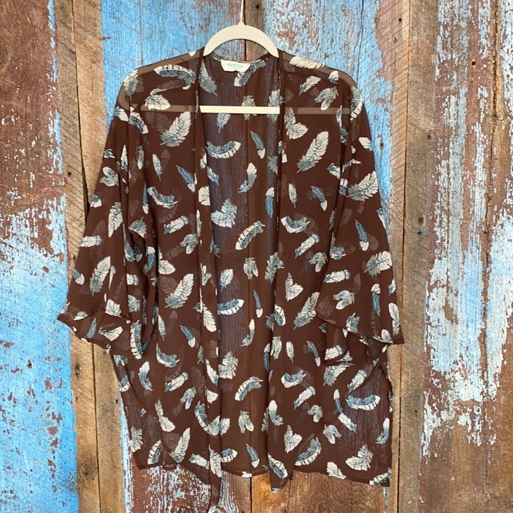 Peach Love California Brown Sheer Feather Kimono